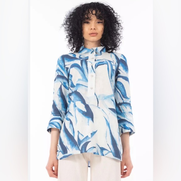 Chico’s 100% Linen Tunic Blue Leaf Print in size 16 - Picture 1 of 8